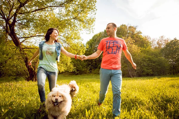 Young couple with their dog chow-chow walking in the park and having good time