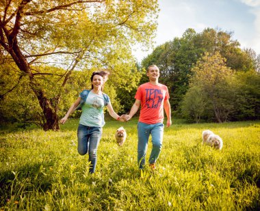 Genç çift ile onların köpekleri uyumak parkta yürüyüş ve having fun