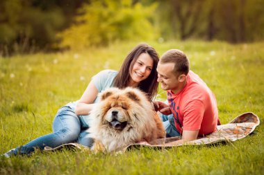 Parkta yürüyüş ve iyi vakit geçiriyorlardı onların köpek uyumak ile genç Çift