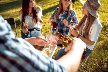 Neşeli arkadaşları Park piknik üzerinde bira içmek. 