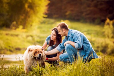 Parkta yürüyüş ve iyi vakit geçiriyorlardı onların köpek uyumak ile genç Çift