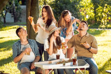 Pizza yemek Park piknik üzerinde neşeli arkadaşlar.