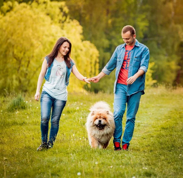 Young Couple Dog Chow Chow Walking Park Having Good Time — Stock Photo, Image