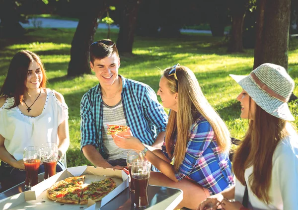 Fröhliche Freunde Beim Picknick Park Beim Pizzaessen — Stockfoto