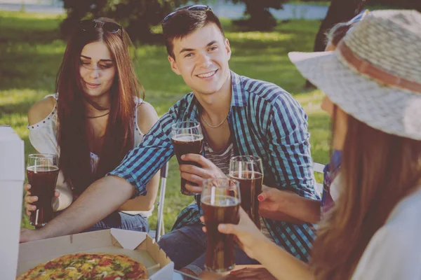 Ami Joyeux Boire Bière Sur Pique Nique Dans Parc — Photo