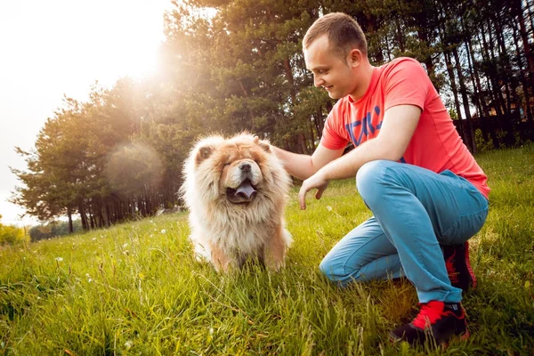 Junger Mann Geht Mit Seinem Hund Chow Chow Park Spazieren — Stockfoto