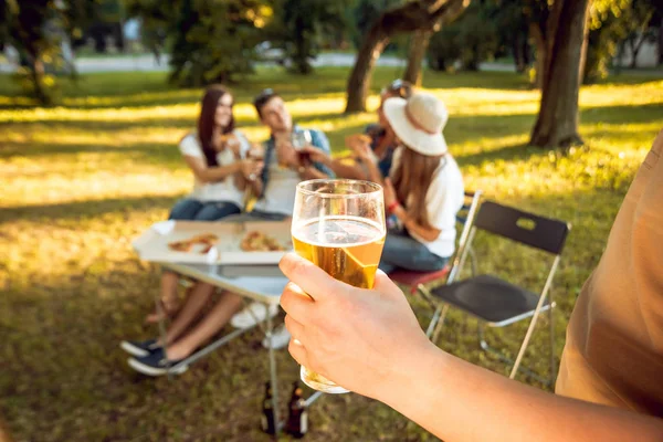 Ami Joyeux Pique Nique Dans Parc Boire Bière — Photo