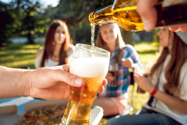 Cheerful friends drinking beer on picnic in park.