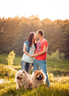 Genç çift ile onların köpekleri uyumak parkta yürüyüş ve having fun
