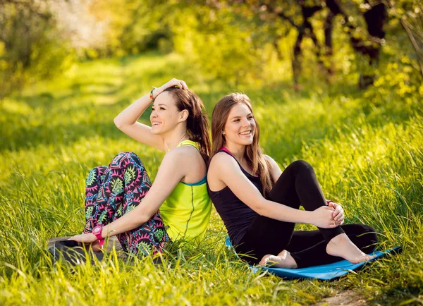 Duas Meninas Praticando Ioga Parque Divertindo — Fotografia de Stock