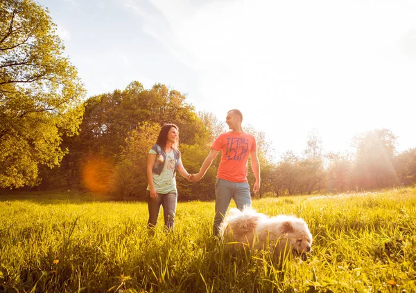 Unga Par Med Deras Hund Chow Chow Promenader Parken Och — Stockfoto