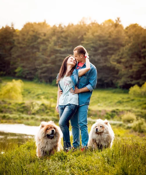 Pareja Joven Con Sus Perros Chow Chow Paseando Por Parque —  Fotos de Stock