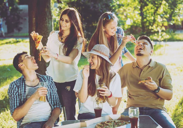 Ami Joyeux Sur Pique Nique Dans Parc Manger Pizza — Photo