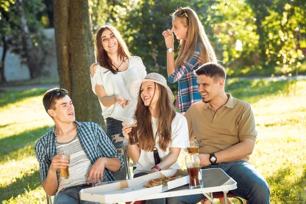 Amici Allegri Picnic Nel Parco Sorridere Parlare — Foto Stock