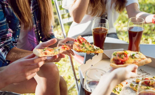 Veselý Přátel Piknik Parku Jíst Pizzu — Stock fotografie