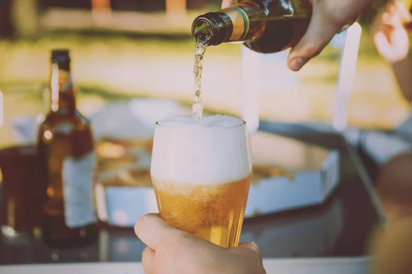 Vrolijke Kaukasische Vrienden Picknick Het Park Guy Bier Een Glas — Stockfoto