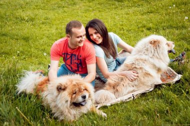 Parkta yürüyüş ve iyi vakit geçiriyorlardı onların köpekleri uyumak ile genç Çift