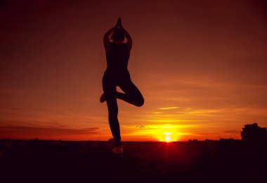 Genç kızı pratik Yoga çatıda. Gün batımında siluet.