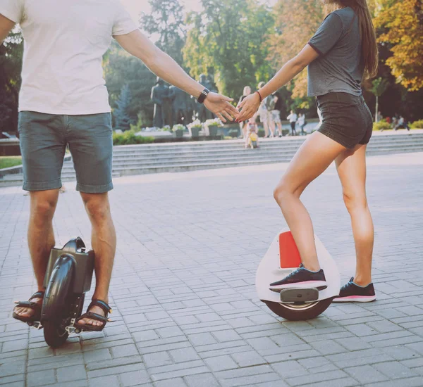 Young Caucasian Couple Riding Segways City — Stock Photo, Image