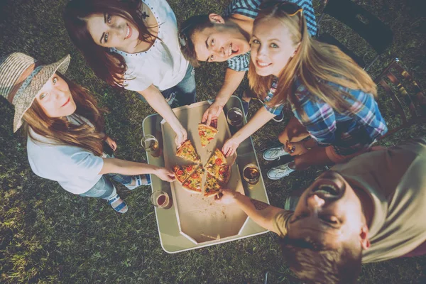 Veselý Přátel Piknik Parku Jíst Pizzu — Stock fotografie