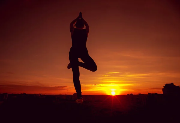 Chica Joven Practicando Yoga Techo Silueta Atardecer — Foto de Stock