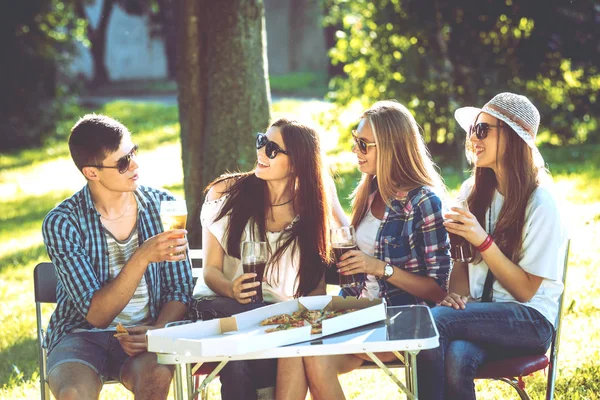 Fröhliche Kaukasische Freunde Beim Picknick Park Lächeln Und Reden — Stockfoto