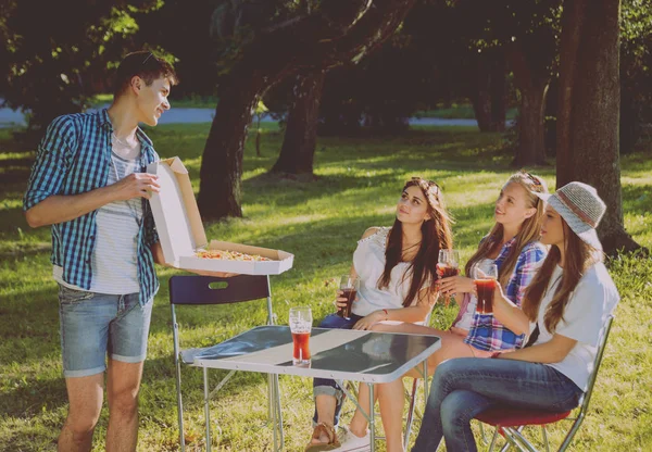 Fröhliche Freunde Trinken Bier Bei Picknick Park — Stockfoto