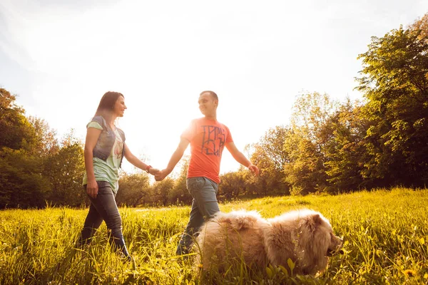 Young Couple Dog Chow Chow Walking Park Having Good Time — Stock Photo, Image