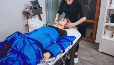 Pressotherapy Güzellik Merkezi kadında makinede. Kozmetik tıp cihazları