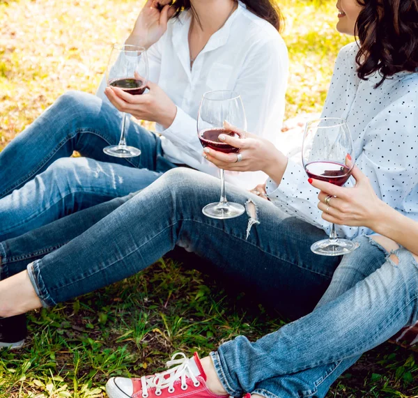 Три Молодые Девушки Наслаждаются Красным Вином Парке — стоковое фото