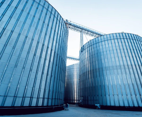 Modern silos for storing grain harvest. Agriculture. Low angle.