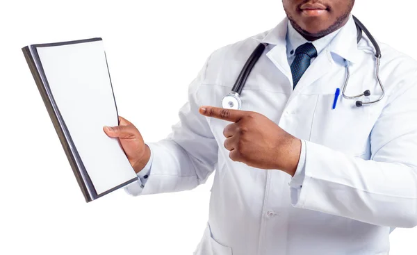 African American Doctor Posing Clipping Pad Isolated White — Stock Photo, Image