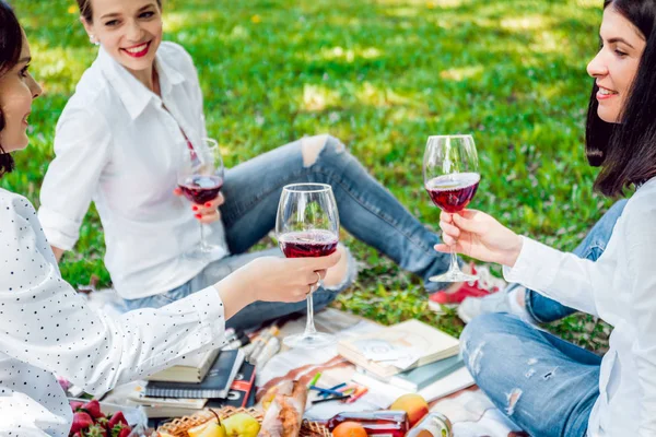 Unga Vackra Tjejer Med Glasögon Rött Vin Parken — Stockfoto