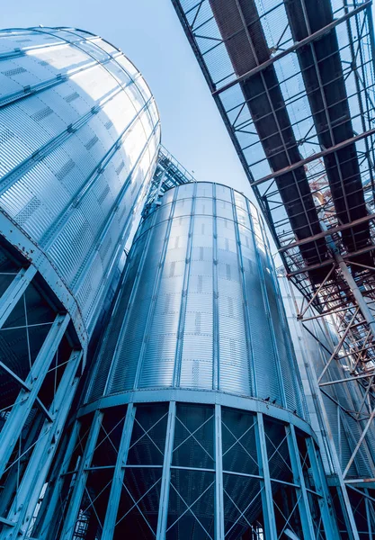 Modern silos for storing grain harvest. Agriculture. Low angle.