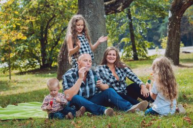 Büyük genç aile parkta iyi vakit geçiriyor.