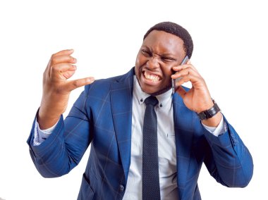 Mavi takım elbiseli, beyaz kopya alanı ile izole ifade Afrikalı-Amerikalı işadamı.