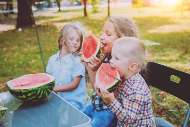 Yeşil Yaz parkta karpuz yeme çocuklar