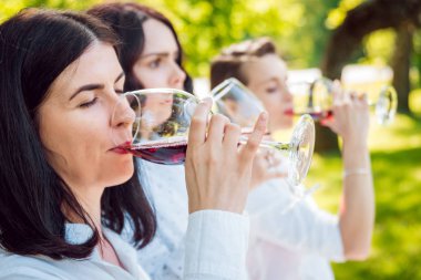 Parkta kırmızı şarap gözlüklü genç güzel kız.