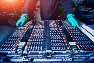 Elecric motorlu pilleri şarj. Pil bir elektrikli araç motorunun sökülmesi. Araba Servisi