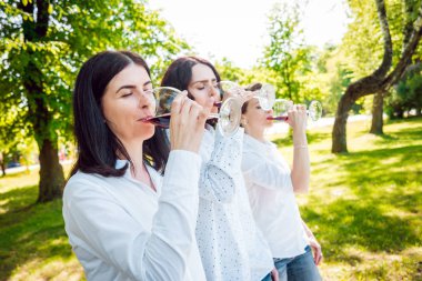 Parkta kırmızı şarap gözlüklü genç güzel kız.