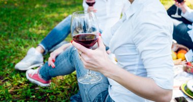 Üç kız parkta kırmızı şarap gözlüklü. Kırpılmış.