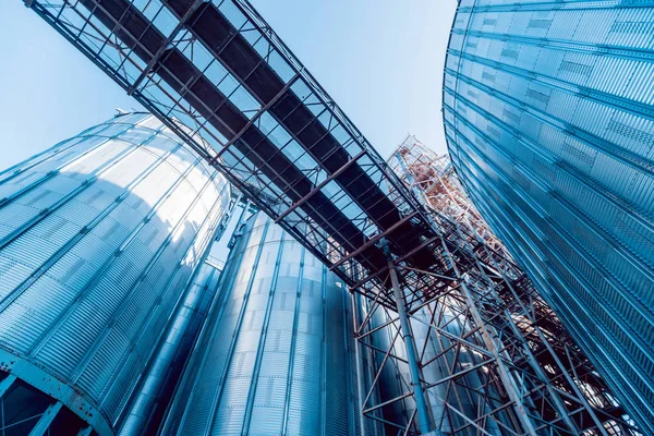 Modern silos for storing grain harvest. Agriculture. Low angle.