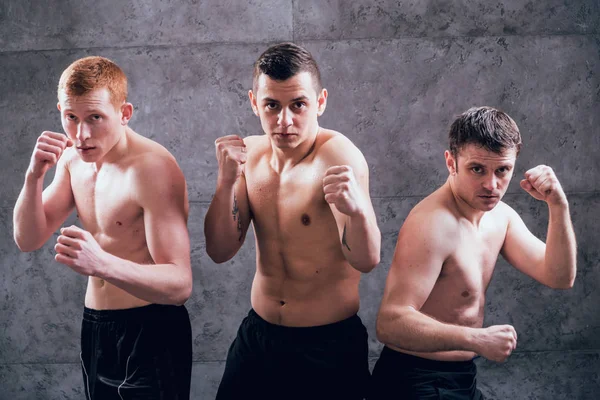 Young fighters posing in studio before grey wall