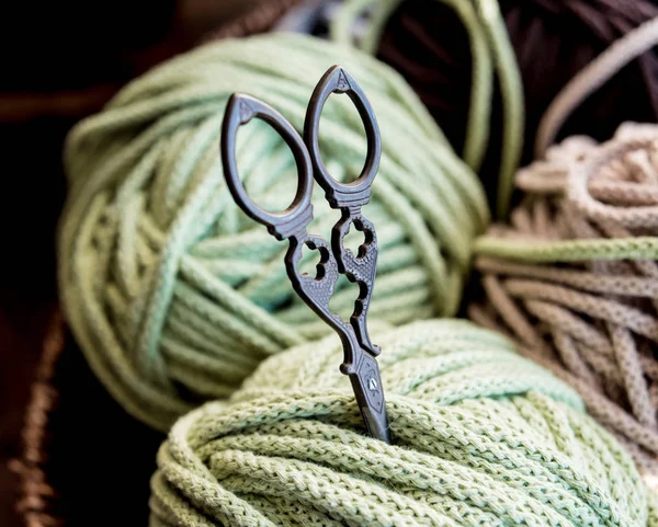 Closeup Green Yarns Table Material Knitting — Stock Photo, Image