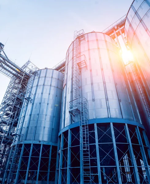 Modern silos for storing grain harvest. Agriculture. Low angle.