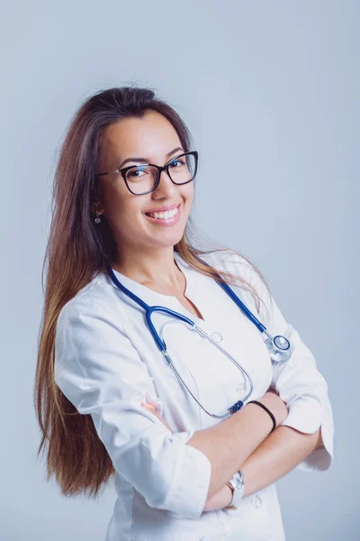 Young Nurse Doctor Glasses Stethoscope White Wall — Stock Photo, Image