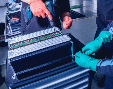 Elecric motorlu pilleri şarj. Pil bir elektrikli araç motorunun sökülmesi. Araba Servisi