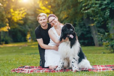 Genç çift yeşil park ile siyah ve beyaz Newfoundland köpek çalış