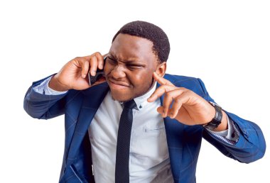 Mavi takım elbiseli, beyaz kopya alanı ile izole ifade Afrikalı-Amerikalı işadamı.