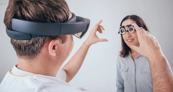 Doctor Uses Augmented Reality Glasses Ophthalmologycal Consultation Woman Modern Technologies — Stock Photo, Image